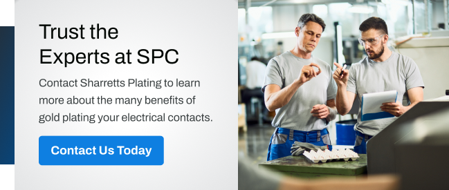 Trust the experts at SPC. Contact Sharretts Plating to learn more about the many benefits of gold plating your electrical contacts. Contact us today.